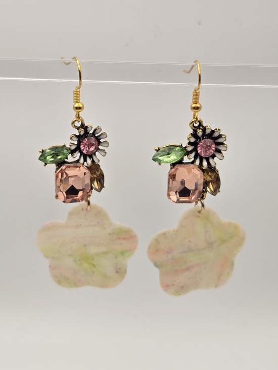 Erins Lovely Creations Jewelry - #B452- Pink Floral Statement Drop Earrings with Green and Gold Accents